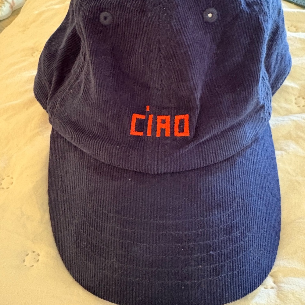 Clare V Navy Blue Corduroy Cap with orange Embroidery.  Cutest CIAO baseball hat